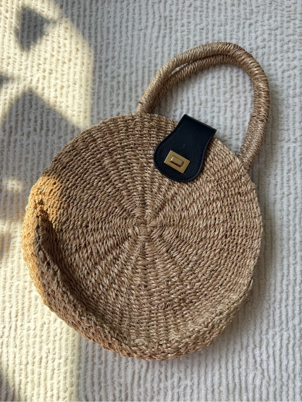 KAYU Round Woven Mini Bag with Black Leather Accent
